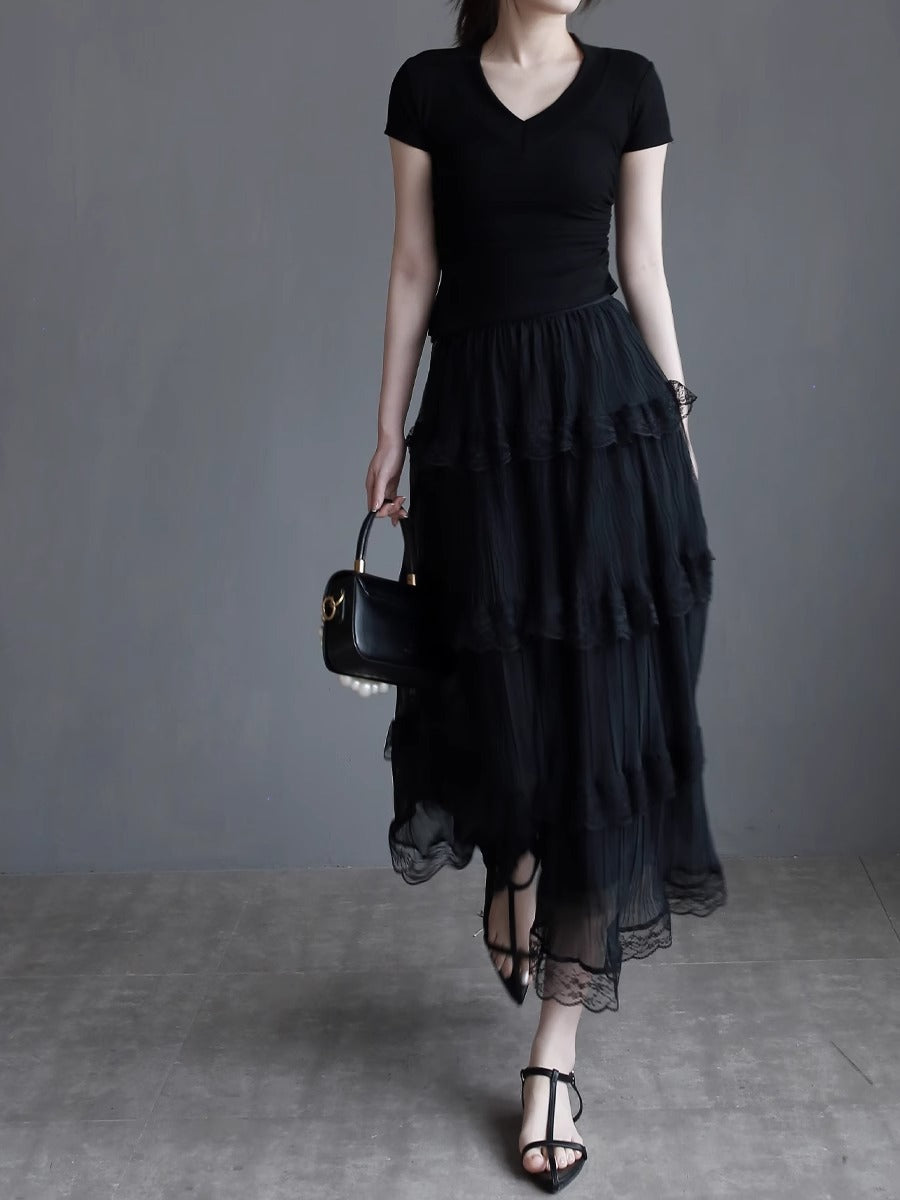 網眼蕾絲中長裙_BDHL7417