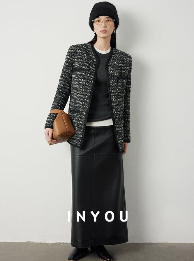 V-neck wavy tweed jacket and skirt_BDHL5302