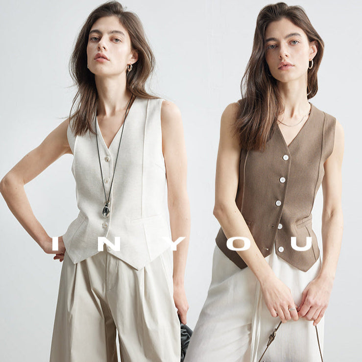 Short linen thin V-neck vest_BDHL5886
