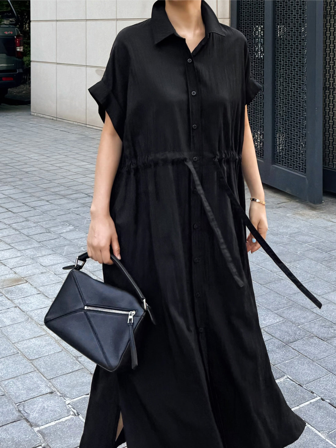 寬鬆腰帶開衩連身裙_BDHL7248