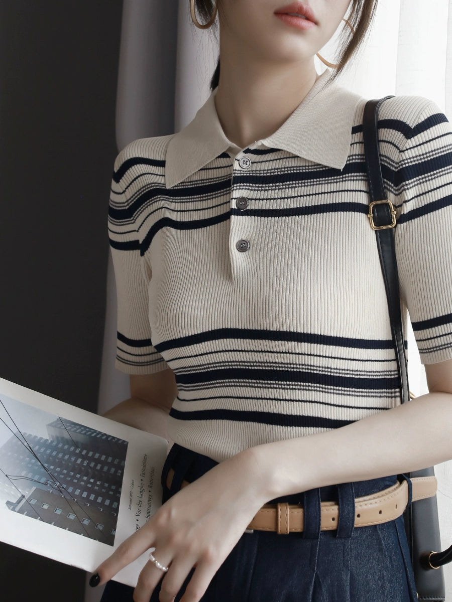 Stripe POLO Lapel Slim Tops_BDHL6081