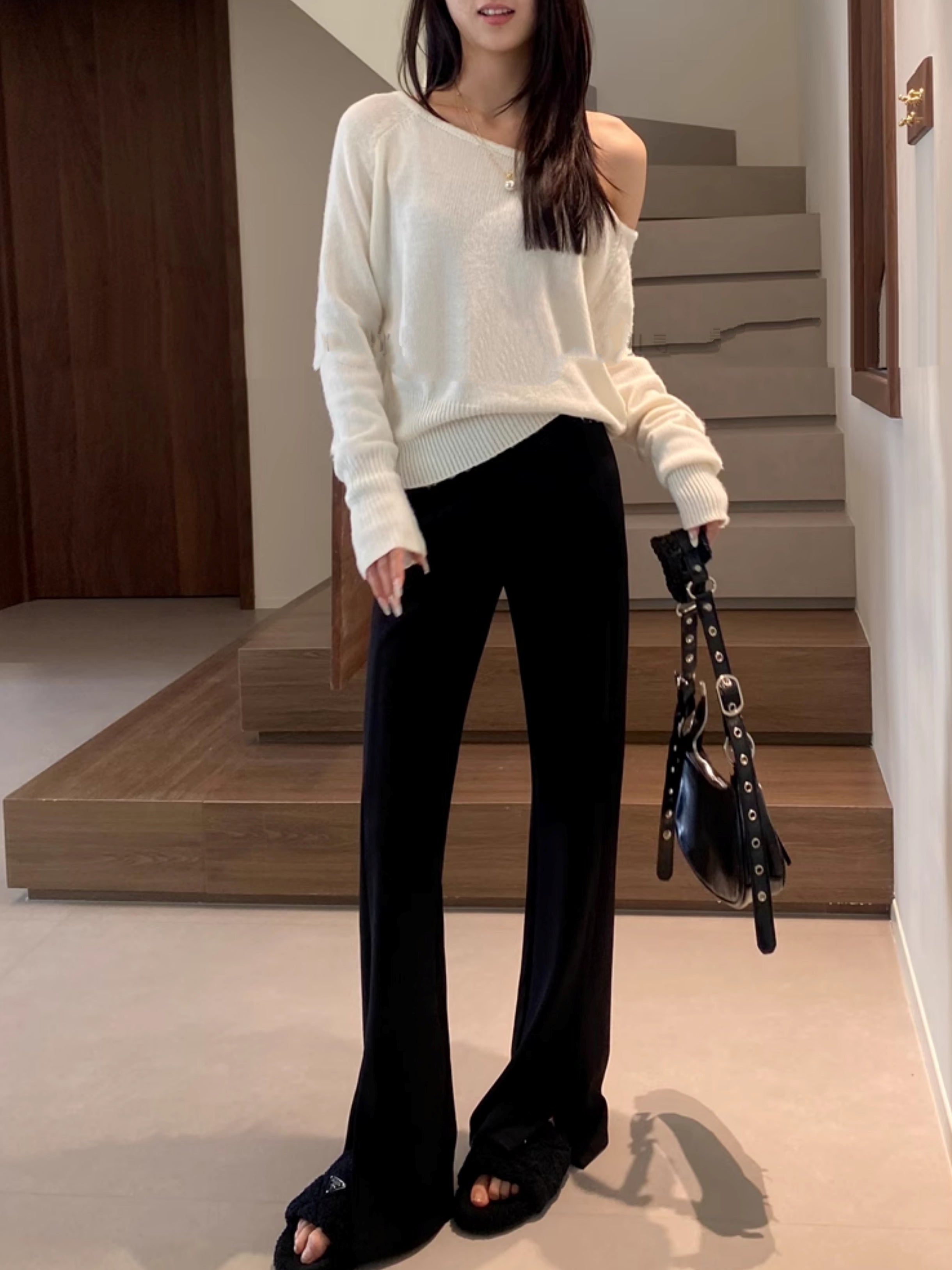 黑色開衩喇叭褲_BDHL7125