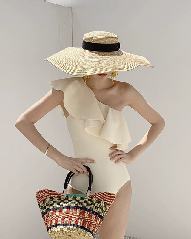 不對稱荷葉邊單肩泳衣_HL3249