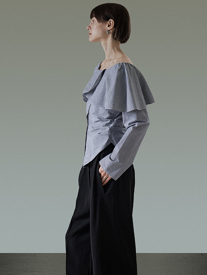 One-Shoulder Lace Striped Shirt_BDHL6340