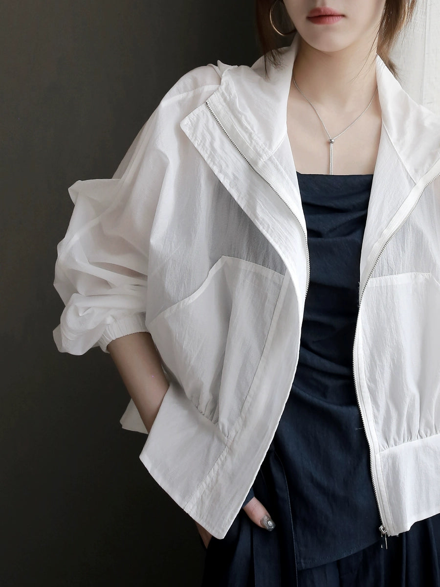 Loose Fit Hooded UV Jacket with Ruffle Waist_BDHL7307