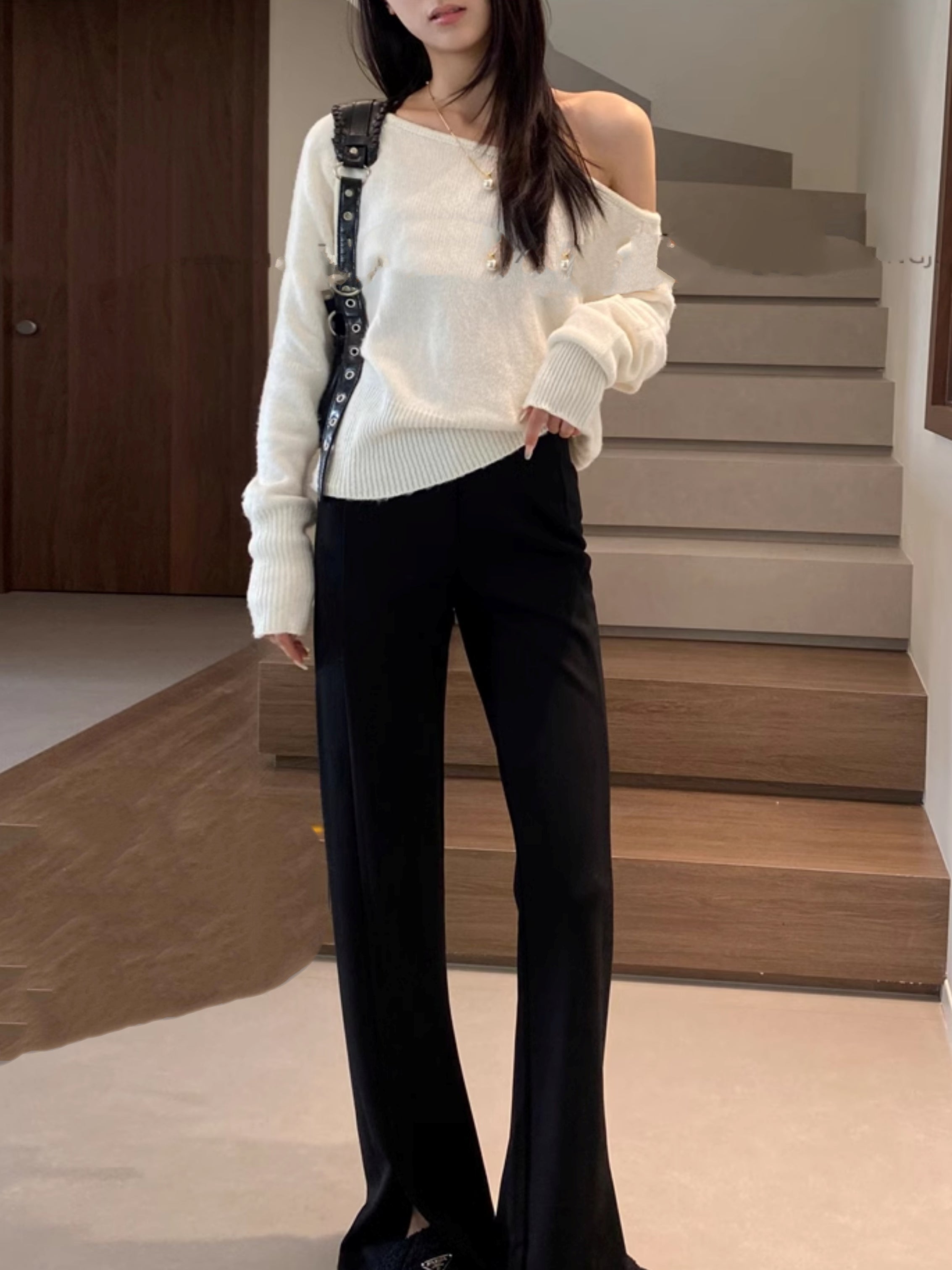 黑色開衩喇叭褲_BDHL7125