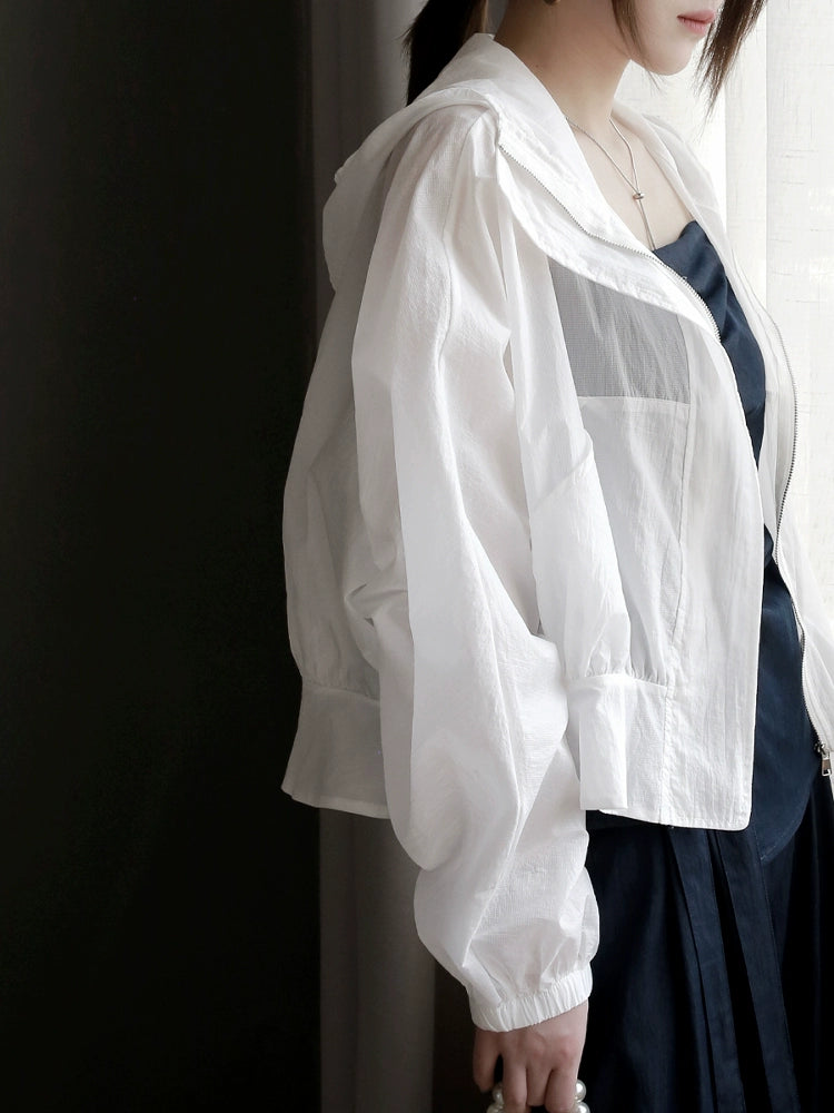 Loose Fit Hooded UV Jacket with Ruffle Waist_BDHL7307