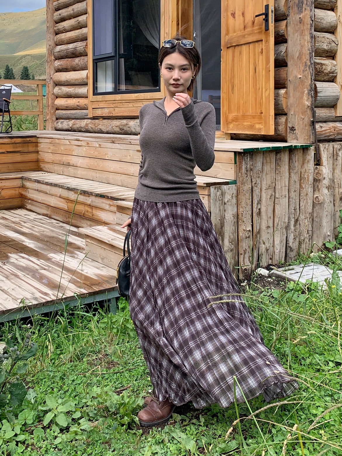 不規則格紋A字裙_BDHL7662