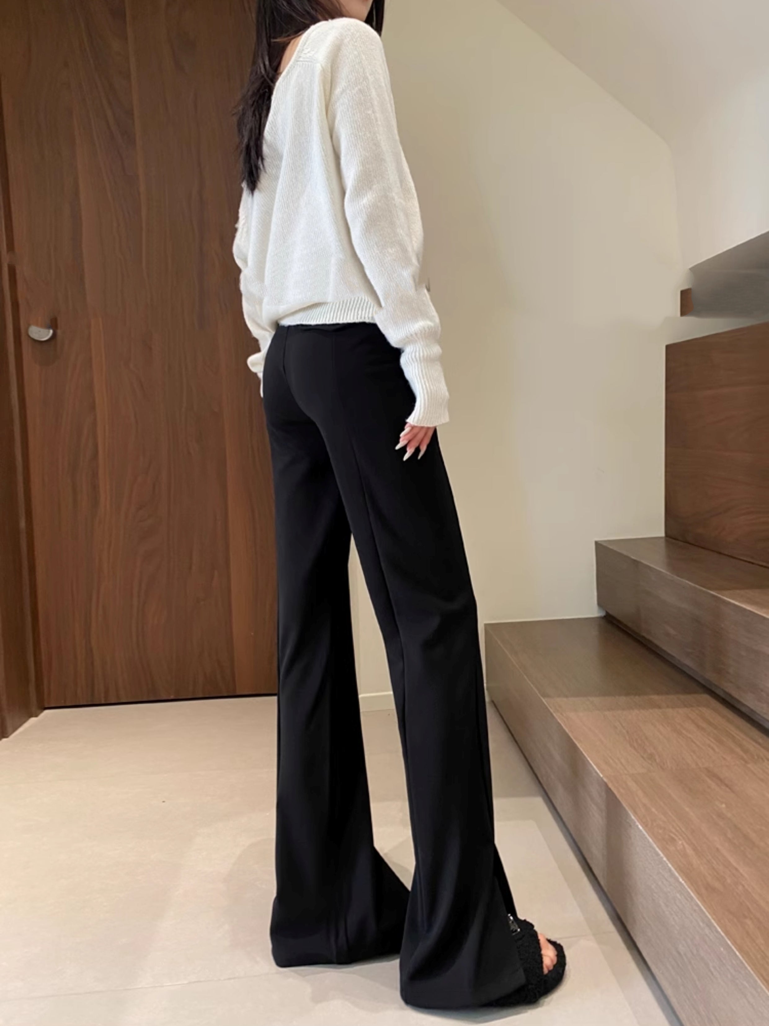 黑色開衩喇叭褲_BDHL7125