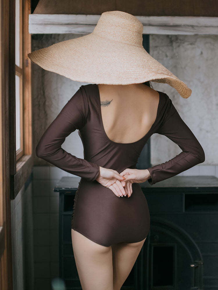 Twist Front Vintage Long Sleeve One-Piece Swimsuit_HL3240