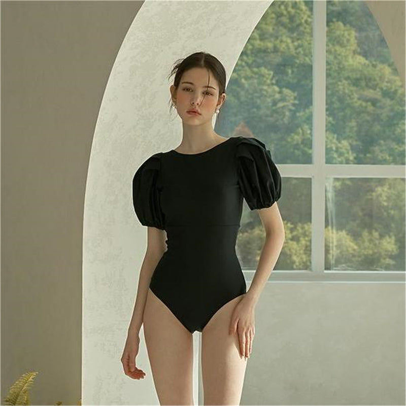 黑色短袖三角連身泳衣_HL3230