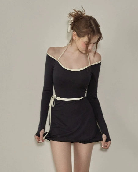 蝴蝶結細部長袖連身泳衣_HL3247