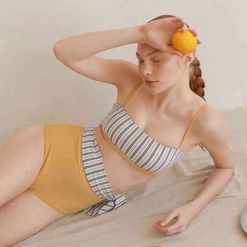 高腰條紋開叉抹胸比基尼_HL3233