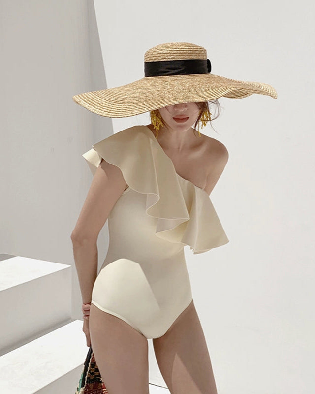 不對稱荷葉邊單肩泳衣_HL3249