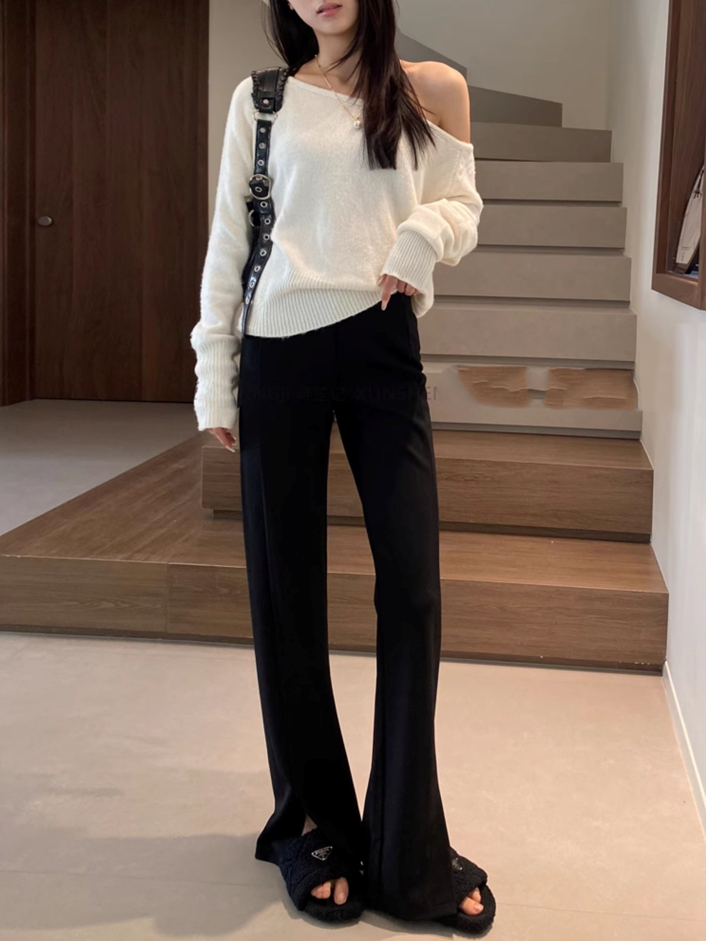 黑色開衩喇叭褲_BDHL7125