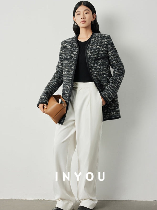 V-neck wavy tweed jacket and skirt_BDHL5302
