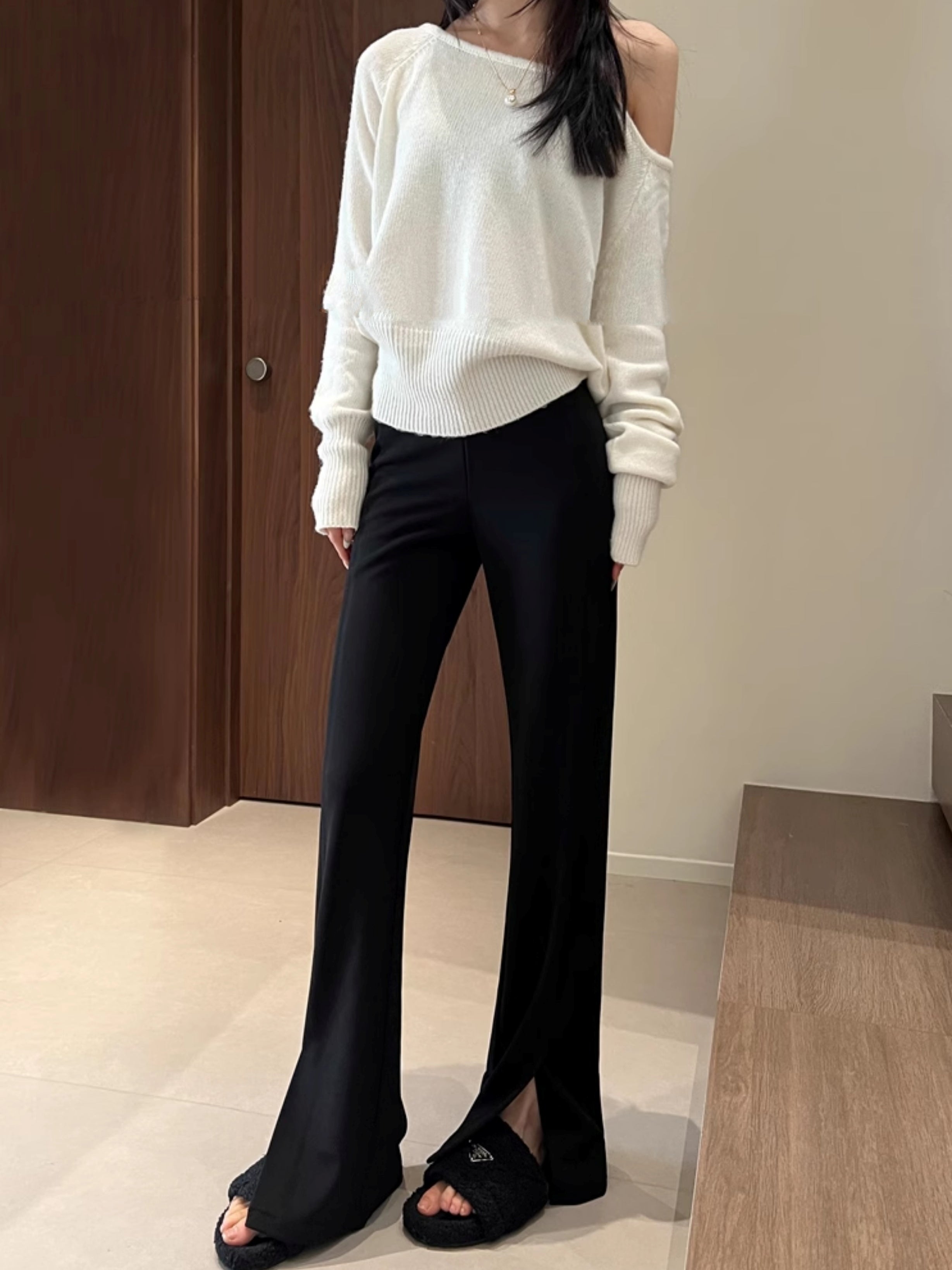 黑色開衩喇叭褲_BDHL7125