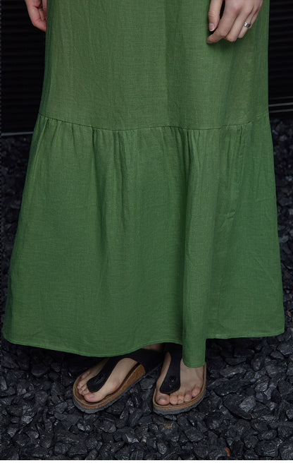 Linen sleeveless sleeveless relaxed green dress_BDHL5907