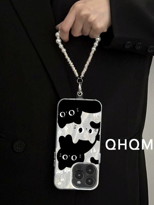 Black Cat Pearl Hand Strap for iPhone Case_BDHL7831