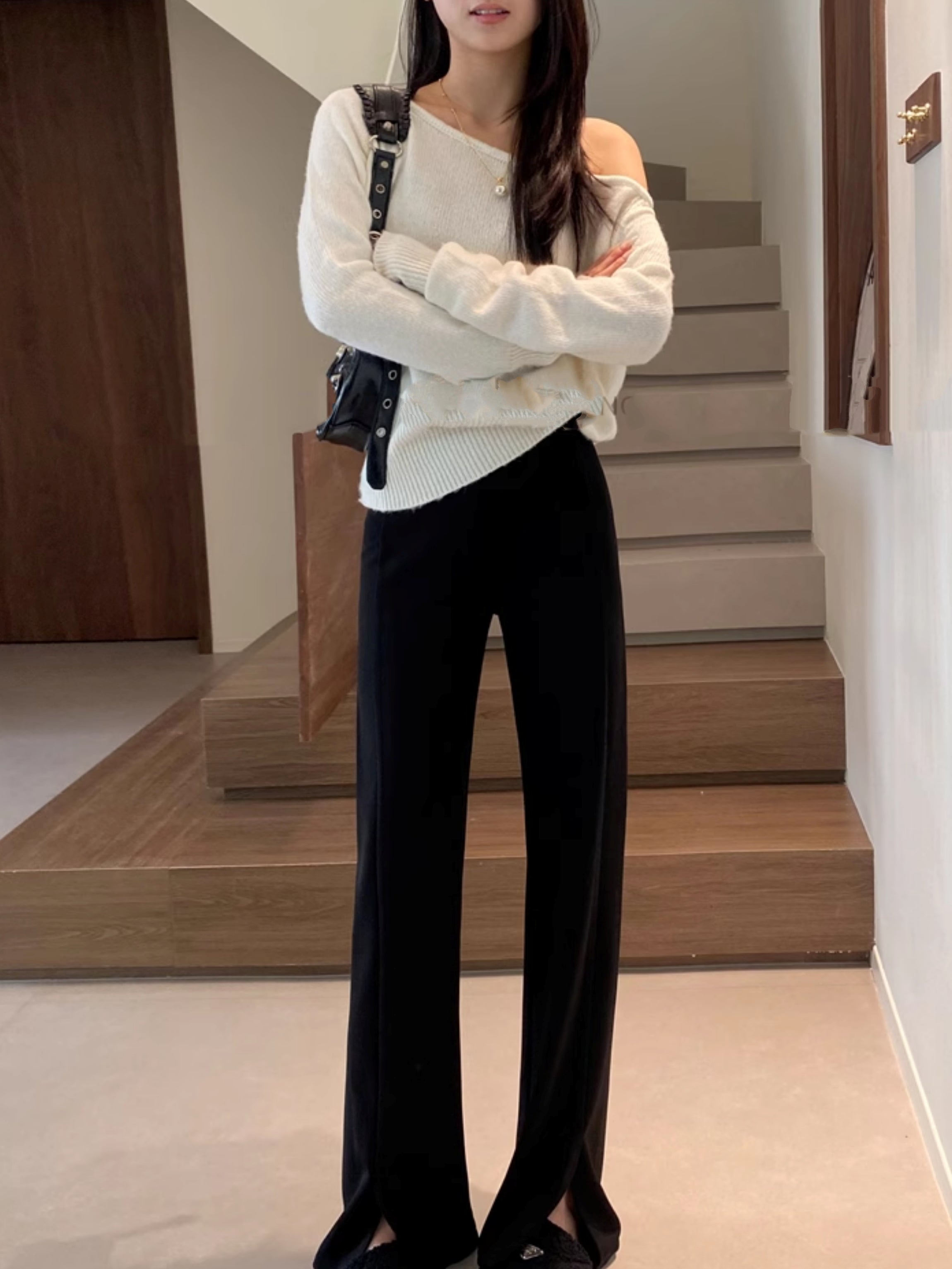 黑色開衩喇叭褲_BDHL7125