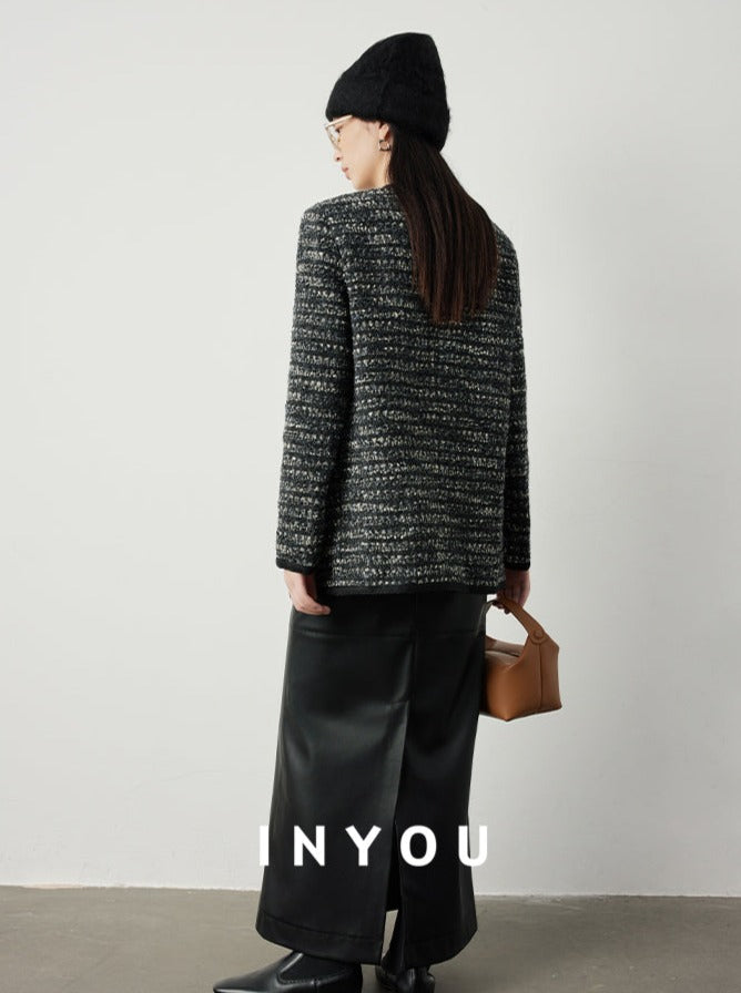 V-neck wavy tweed jacket and skirt_BDHL5302