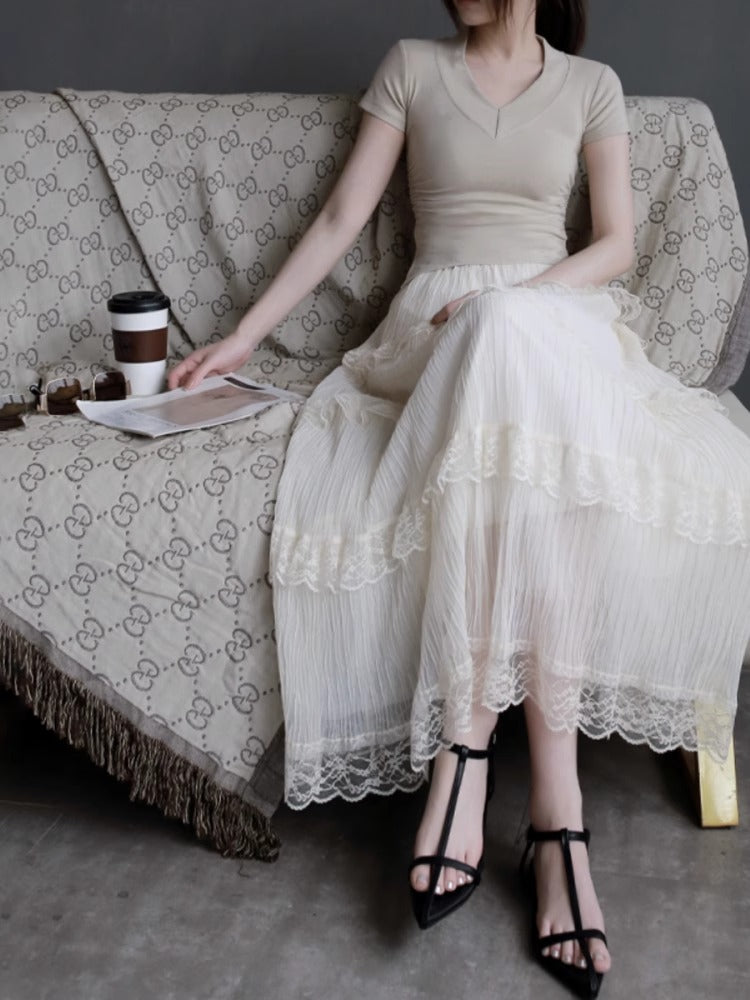 網眼蕾絲中長裙_BDHL7417