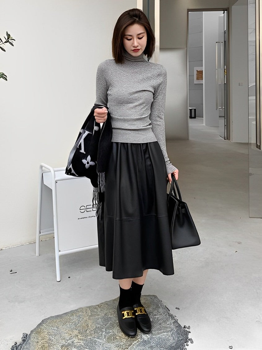Draped PU Leather Skirt_BDHL6765