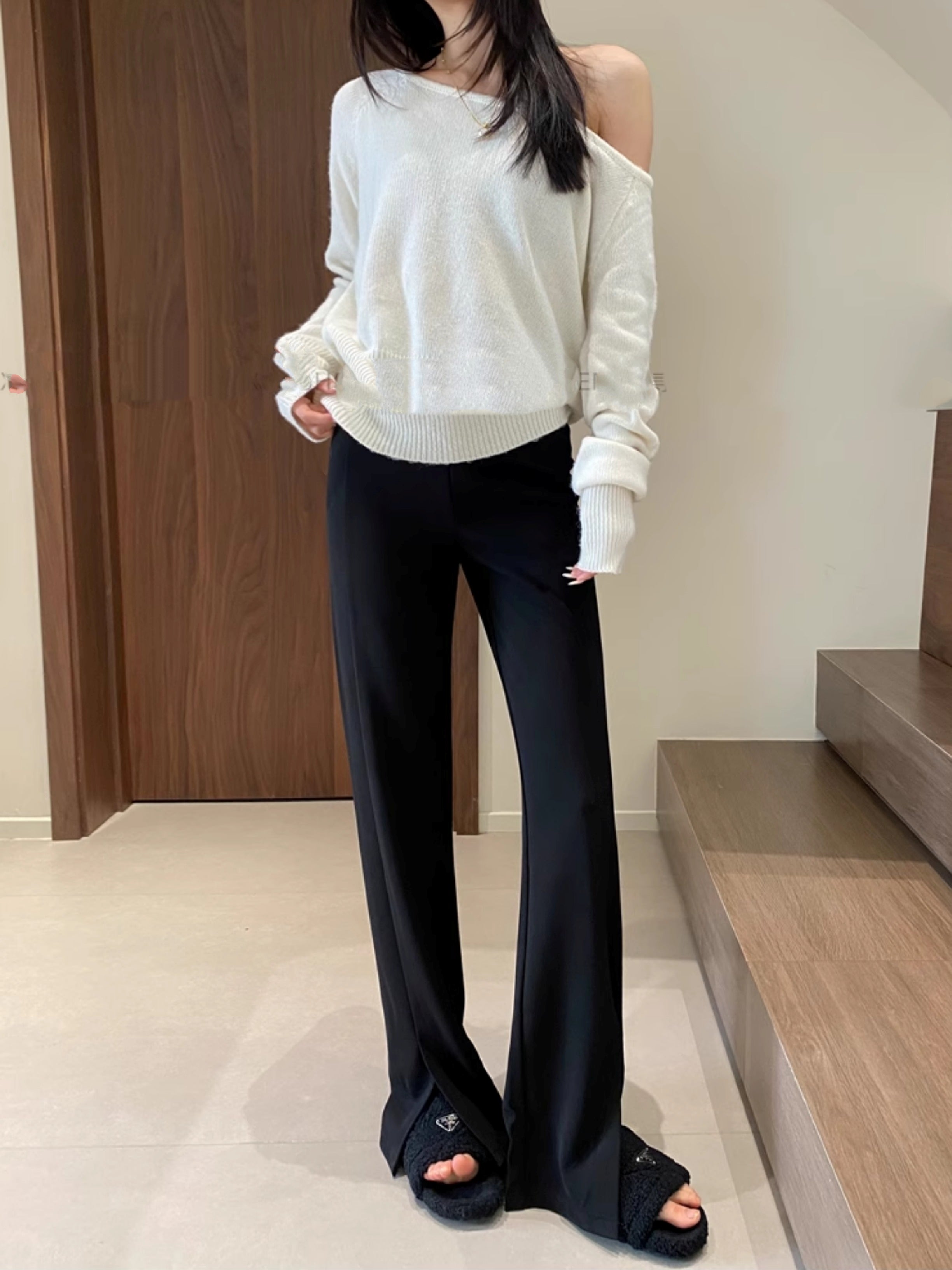 黑色開衩喇叭褲_BDHL7125