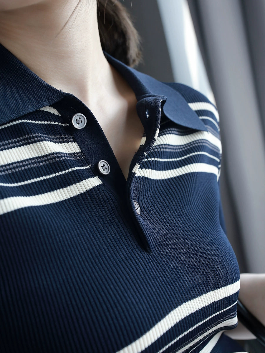 Stripe POLO Lapel Slim Tops_BDHL6081