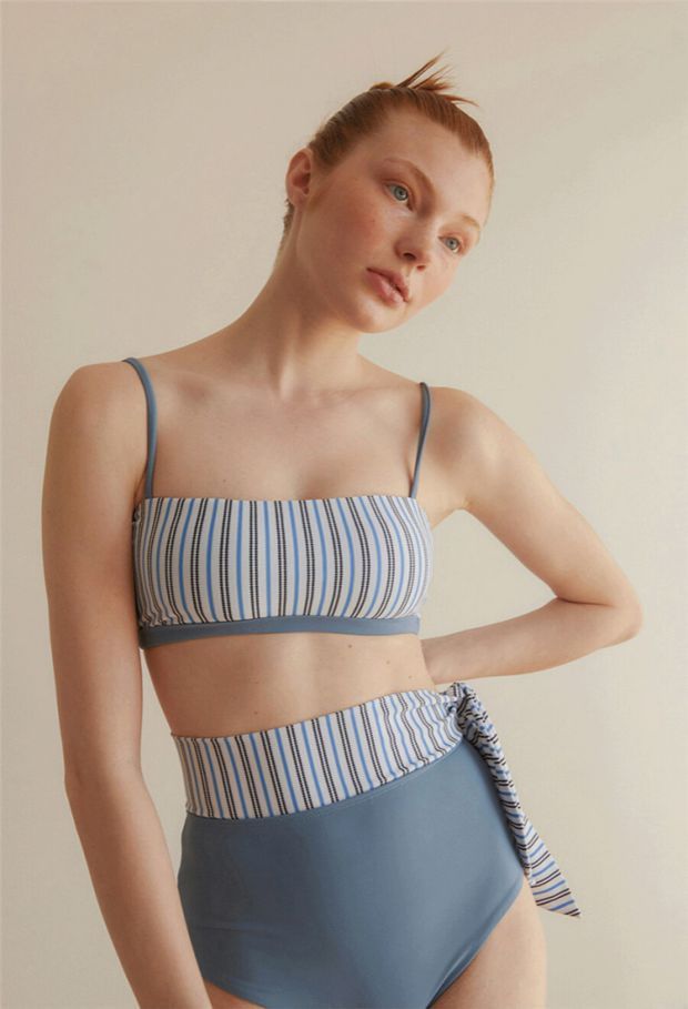 高腰條紋開叉抹胸比基尼_HL3233