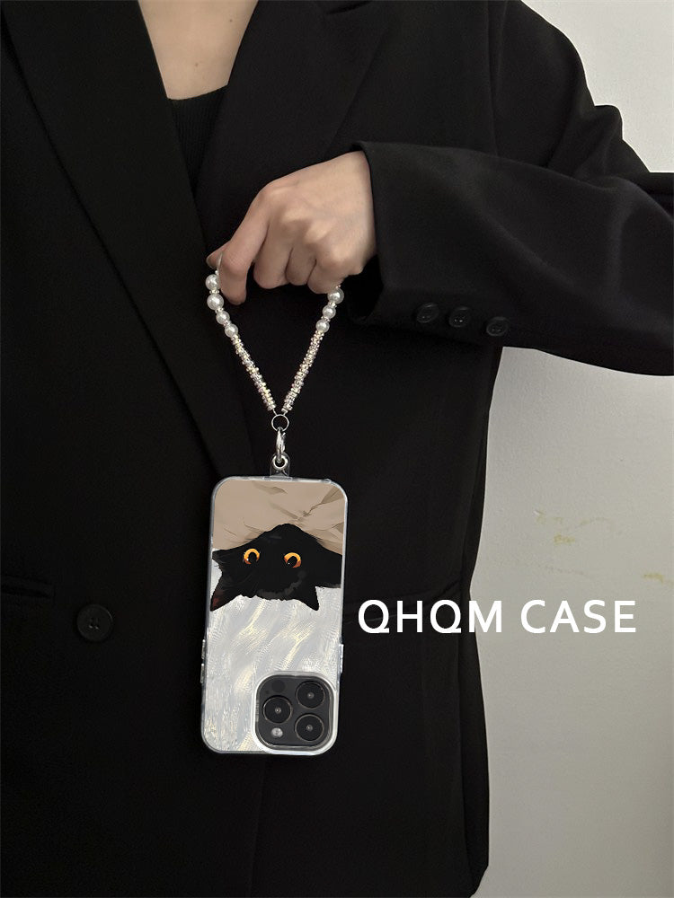 Black Cat Pearl Hand Strap for iPhone Case_BDHL7831