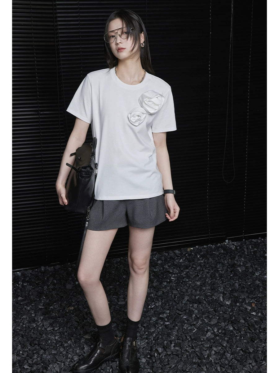 White Flower Motif Short-Sleeved T-Shirt_BDHL5834