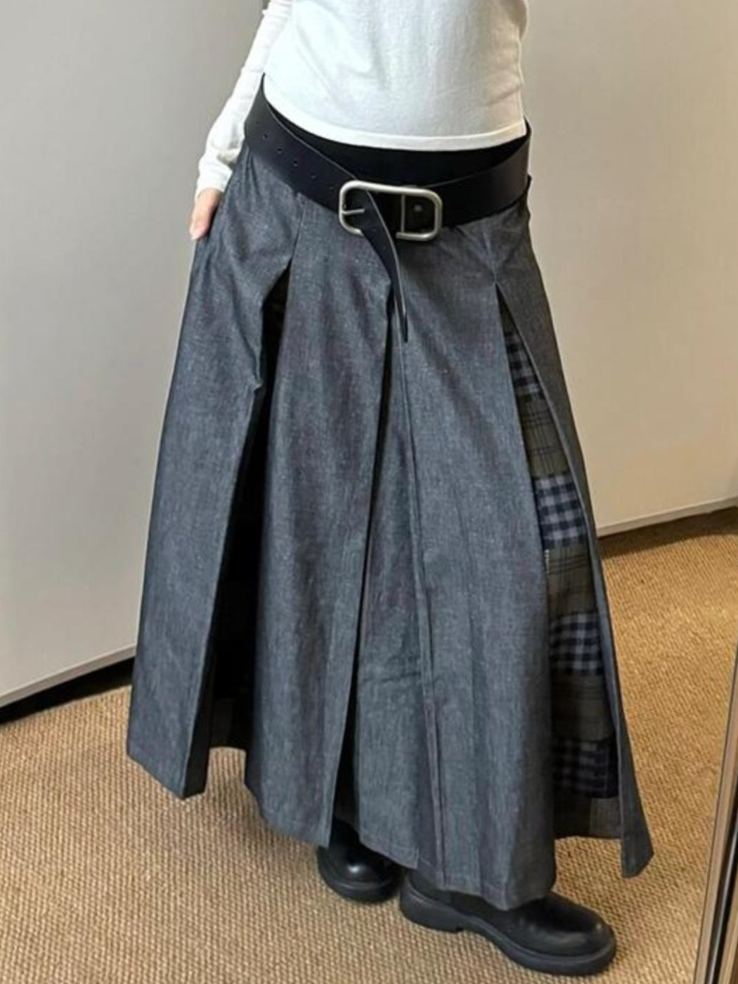 格紋拼布灰色半身裙_BDHL7150