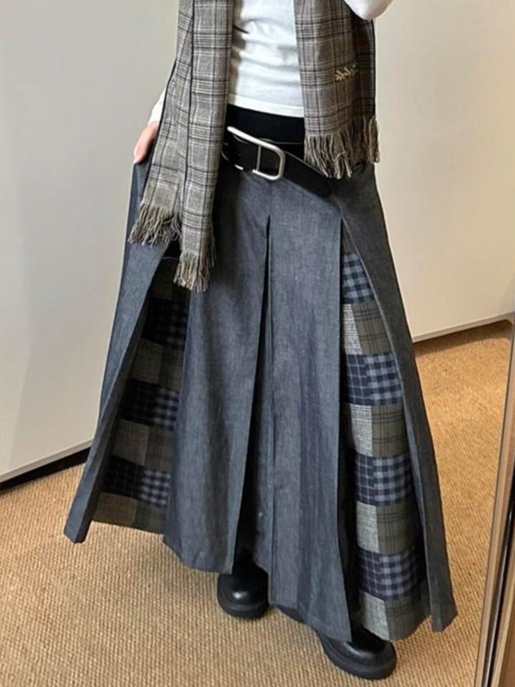 格紋拼布灰色半身裙_BDHL7150