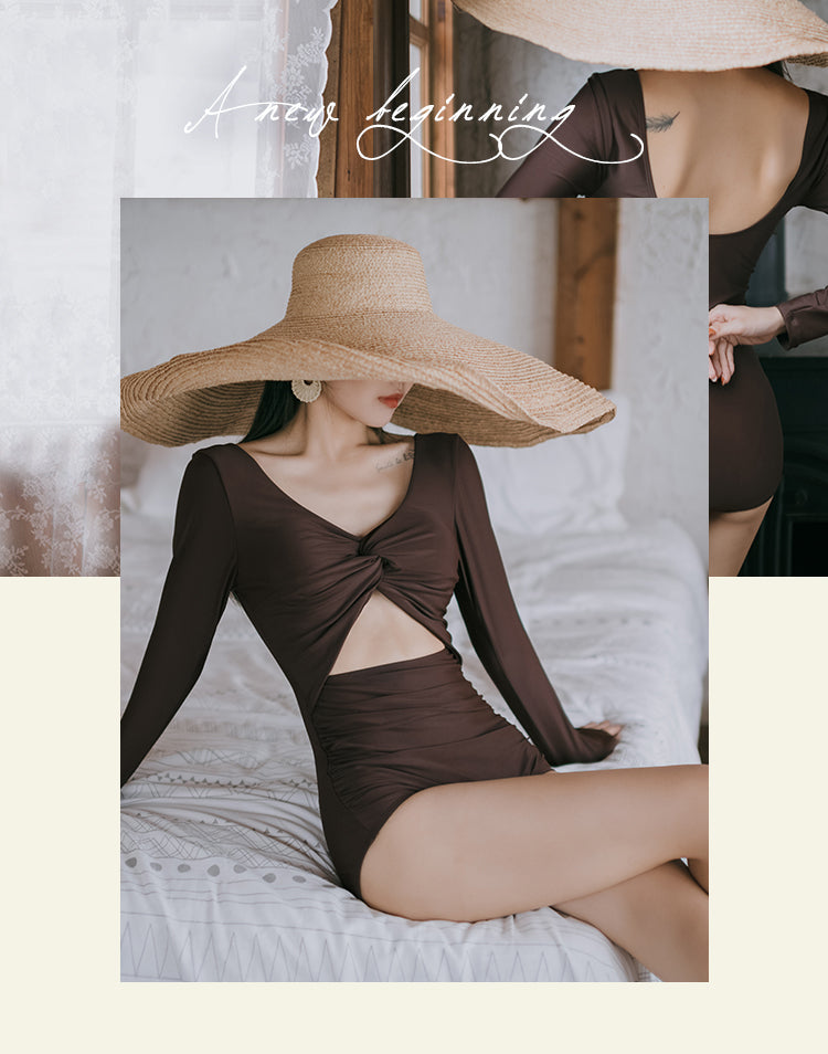 Twist Front Vintage Long Sleeve One-Piece Swimsuit_HL3240