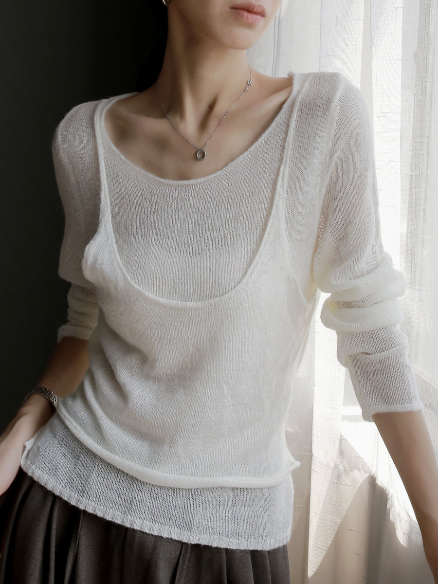 Two-Piece Style Sheer Slim-Fit Tops_BDHL7768