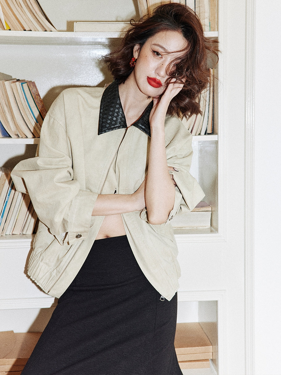 Woven Leather Collar Jacket_BDHL7758