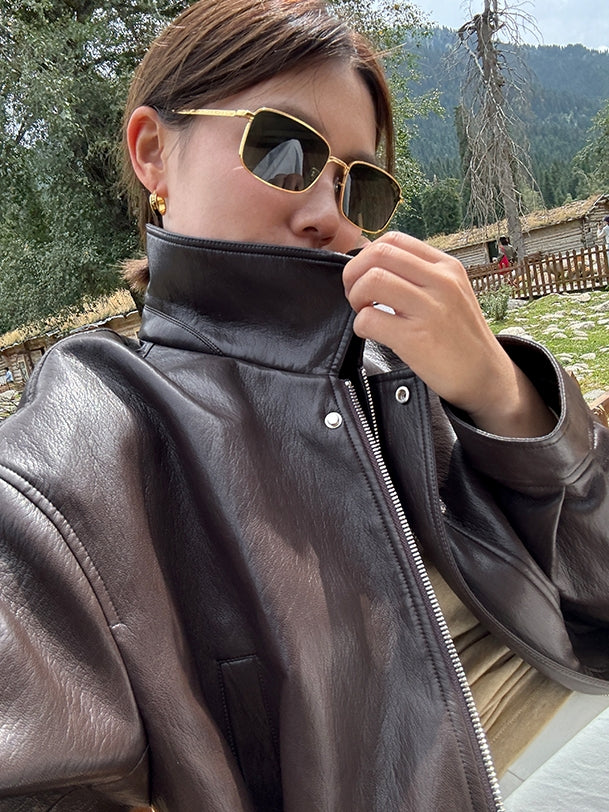 Lapel Short Leather Jacket_BDHL7661