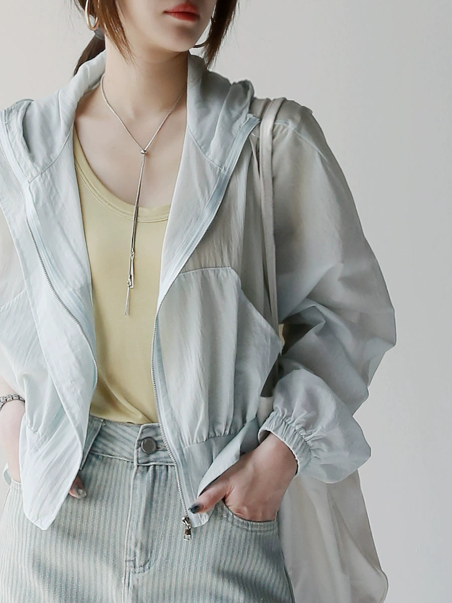 Loose Fit Hooded UV Jacket with Ruffle Waist_BDHL7307