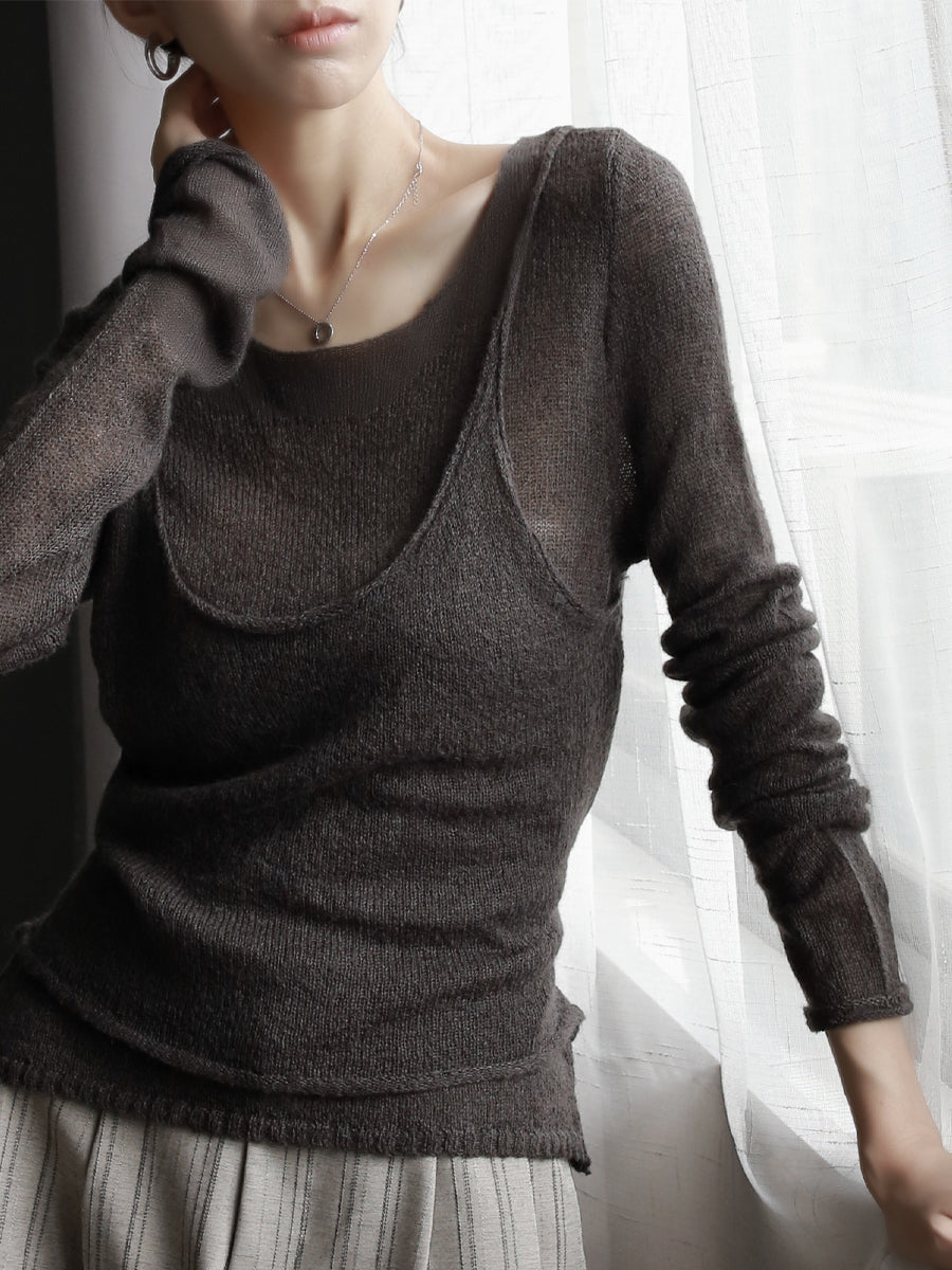 Two-Piece Style Sheer Slim-Fit Tops_BDHL7768