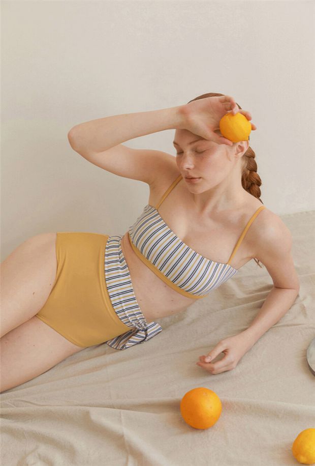 高腰條紋開叉抹胸比基尼_HL3233