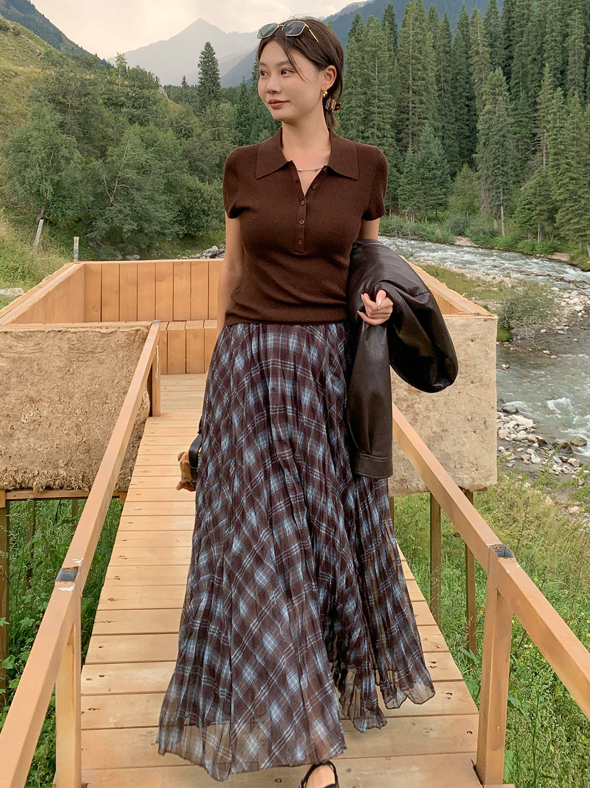 不規則格紋A字裙_BDHL7662