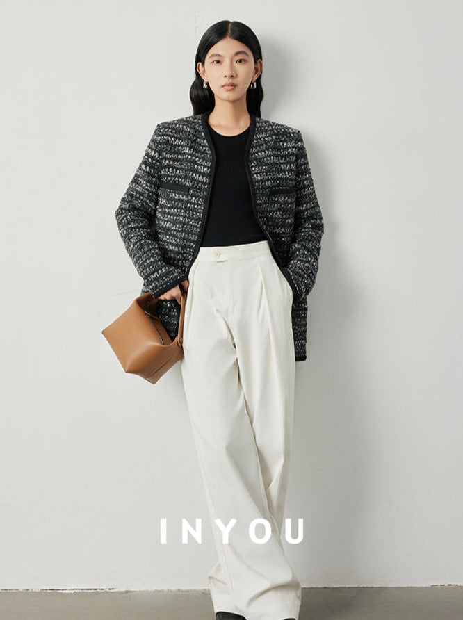 V-neck wavy tweed jacket and skirt_BDHL5302