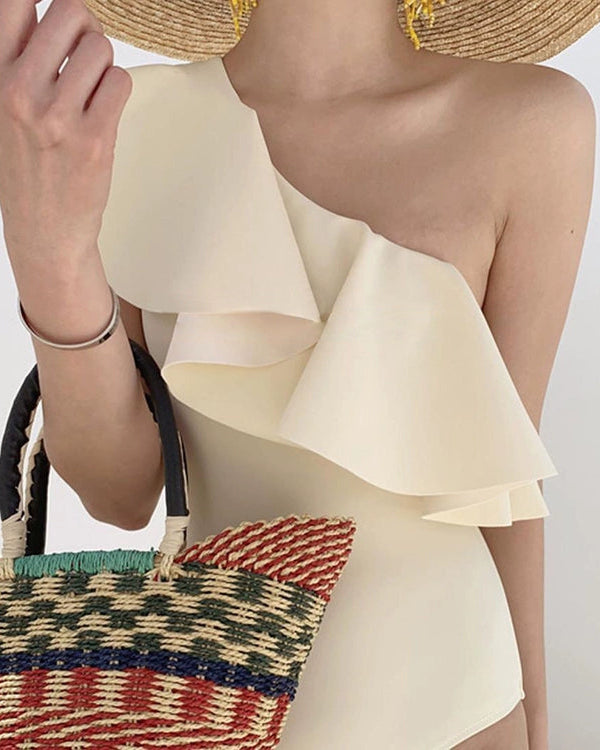 不對稱荷葉邊單肩泳衣_HL3249