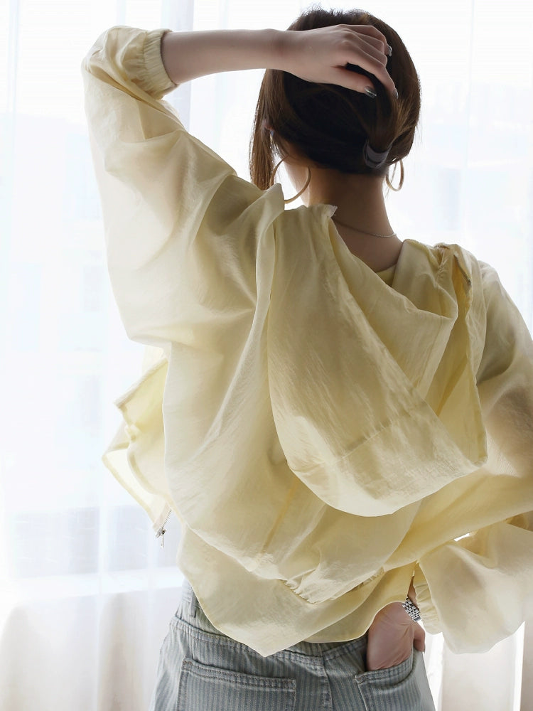 Loose Fit Hooded UV Jacket with Ruffle Waist_BDHL7307