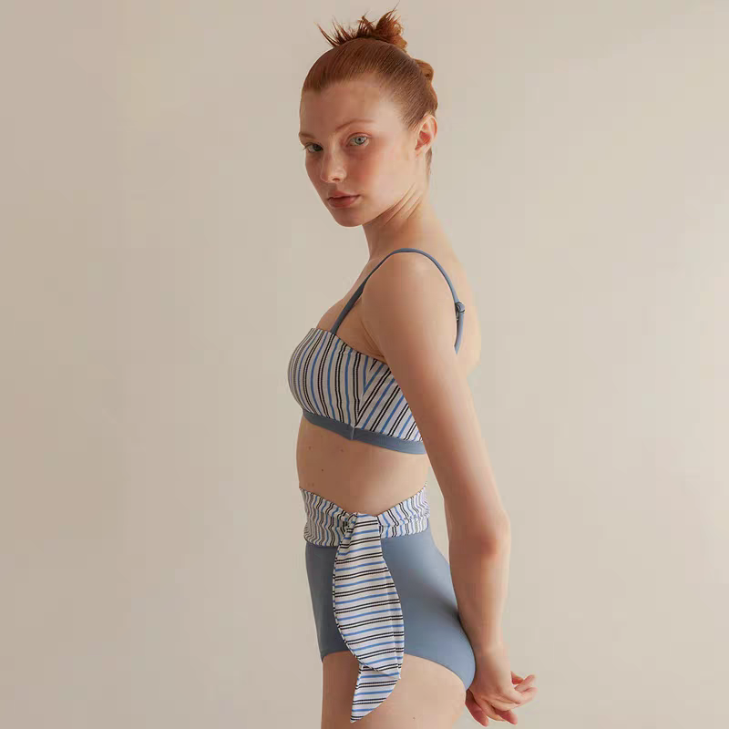 高腰條紋開叉抹胸比基尼_HL3233