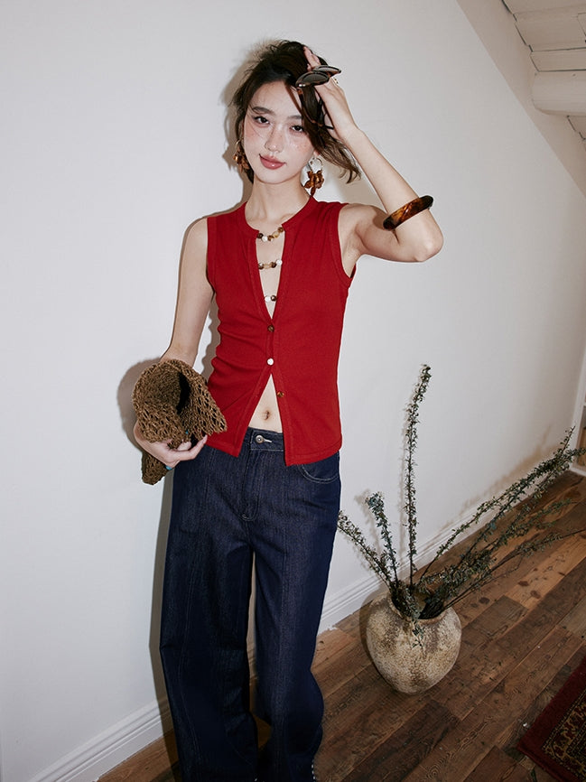 珠飾V領無袖上衣_BDHL7540