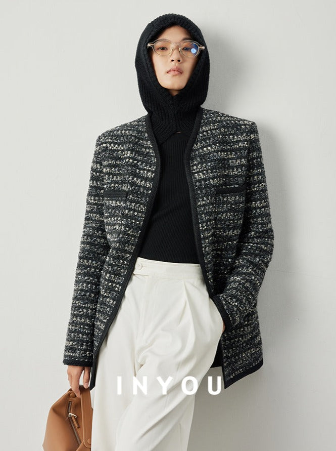 V-neck wavy tweed jacket and skirt_BDHL5302