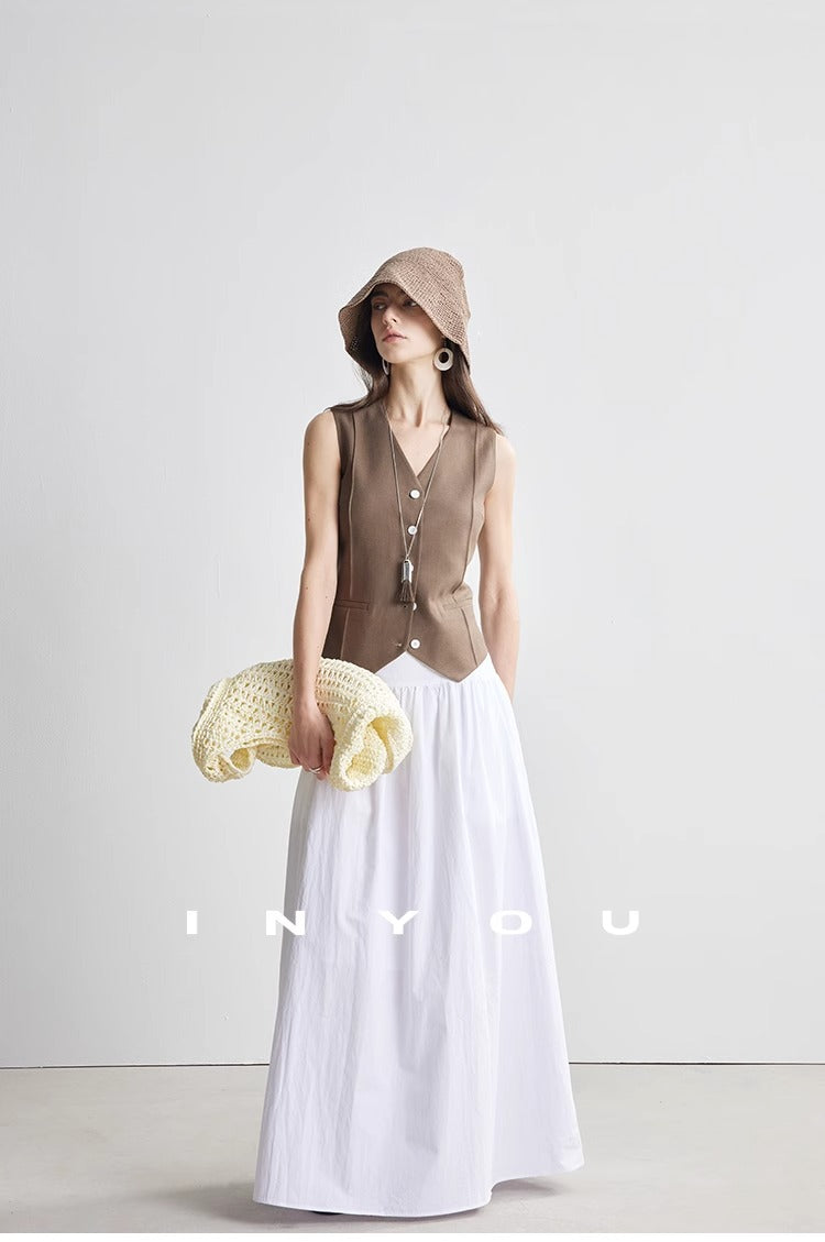 Short linen thin V-neck vest_BDHL5886