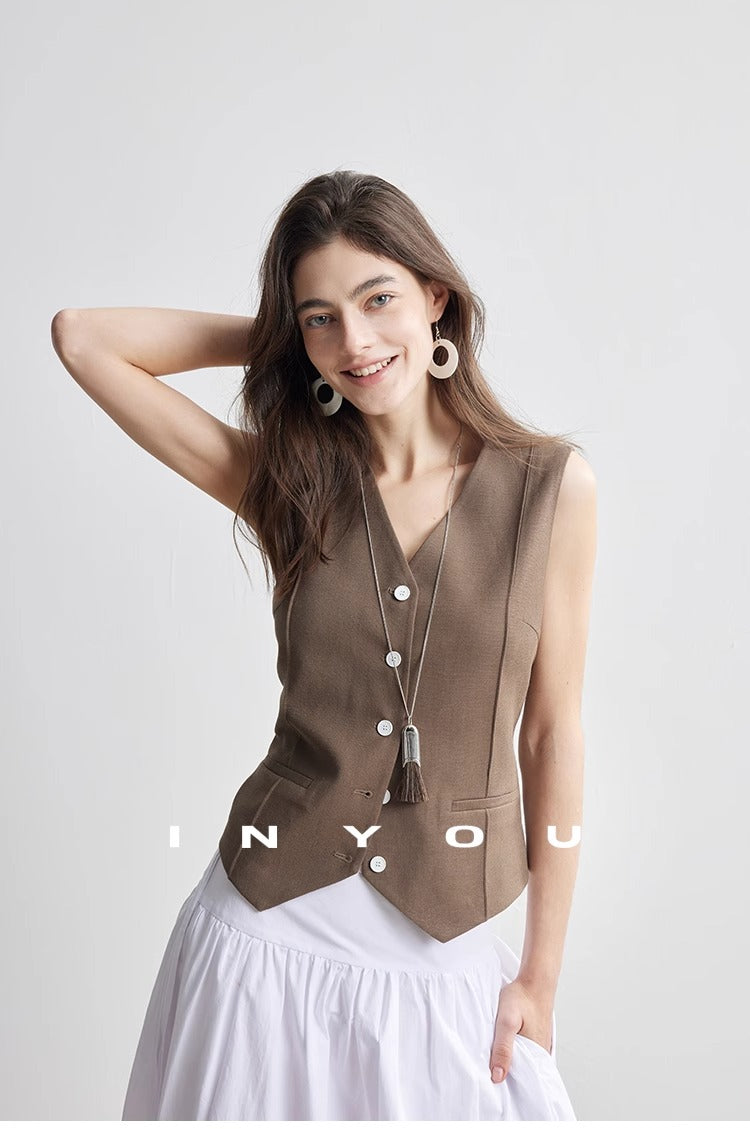 Short linen thin V-neck vest_BDHL5886